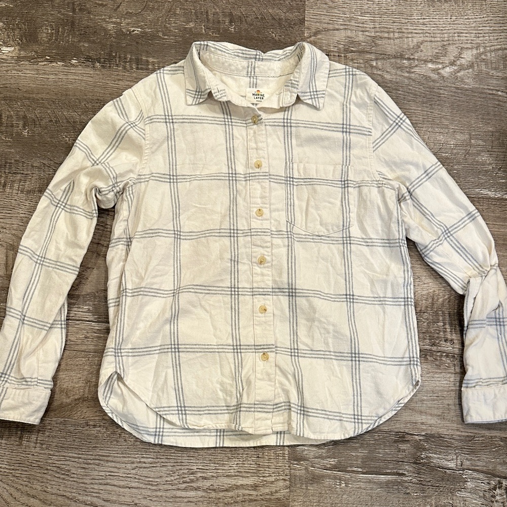Marine Layer Women's Medium Cream and Gray Checkered Flannel Shirt‎
